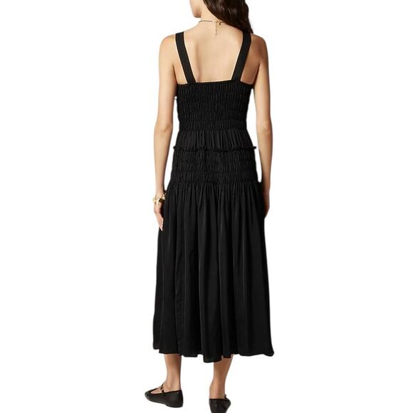 J CREW Smocked Drop Waist Silky Midi Dress Black XXS NWT Clean Girl Chic Vaca - Picture 3 of 10